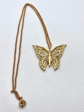 Vintage Gold Tone Butterfly Pendant Necklace Signed FRAN